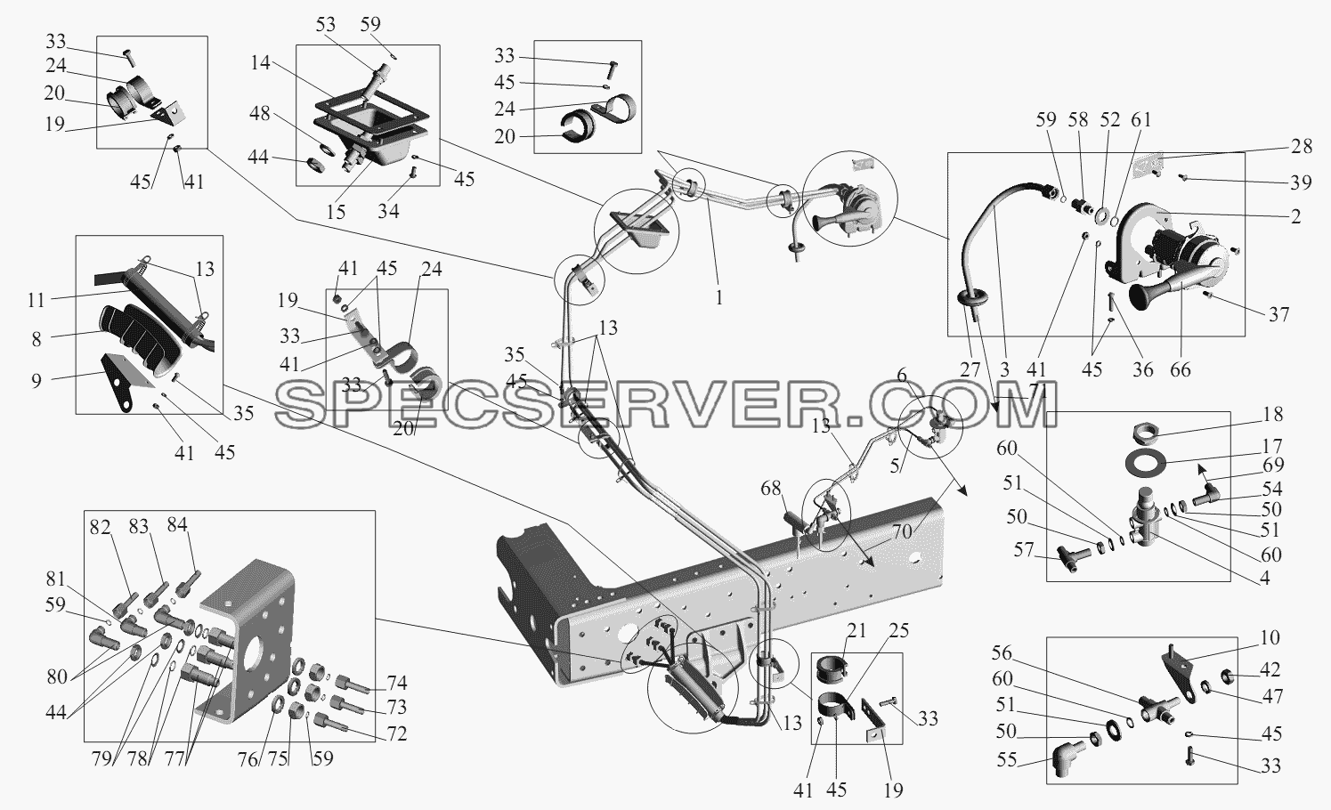 Привод стояночного и моторного тормозов 64255-3537004 для МАЗ-551605 (список запасных частей)