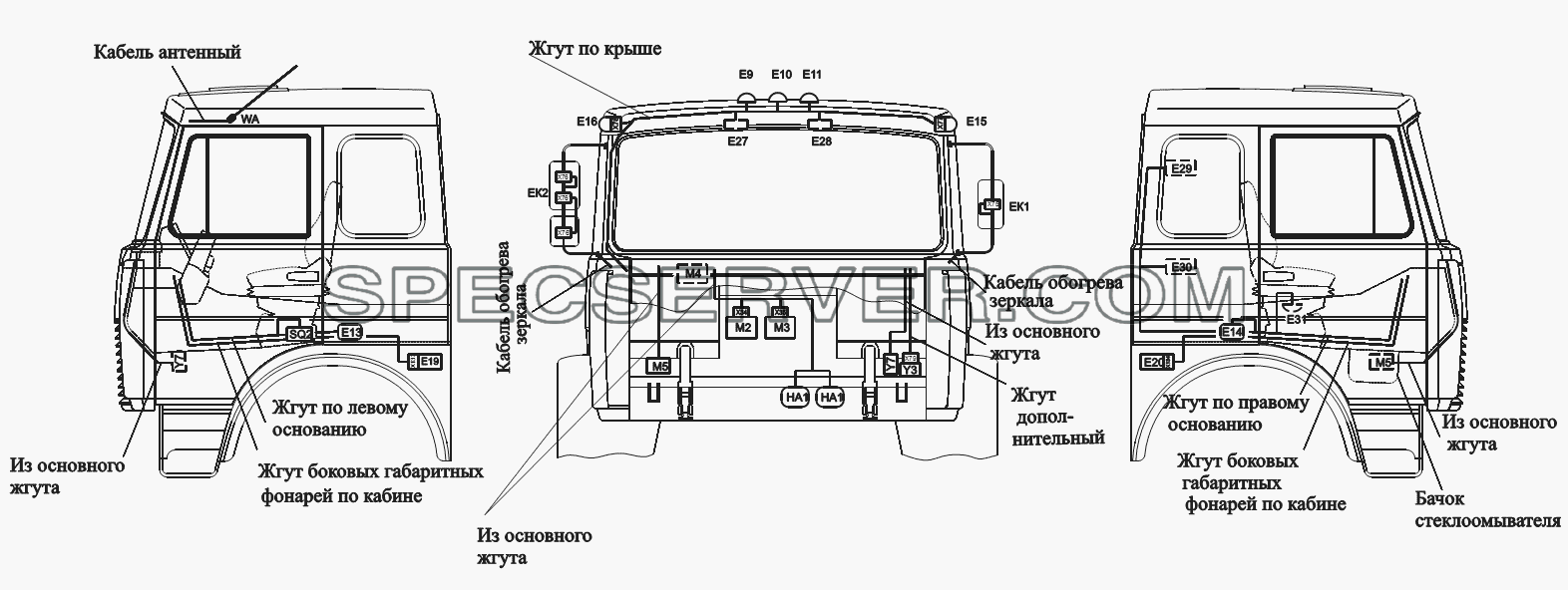 Расположение разъемов и элементов электрооборудования на большой кабине автомобилей-самосвалов с трехсторонней (боковой) разгрузкой для МАЗ-551605 (список запасных частей)