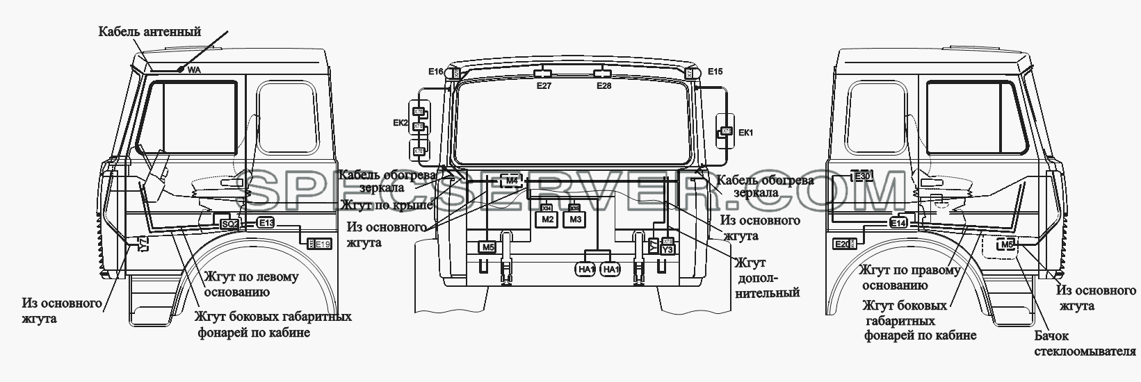 Расположение разъемов и элементов электрооборудования на большой кабине автомобилей-самосвалов с задней разгрузкой и самосвальных шасси для МАЗ-551605 (список запасных частей)