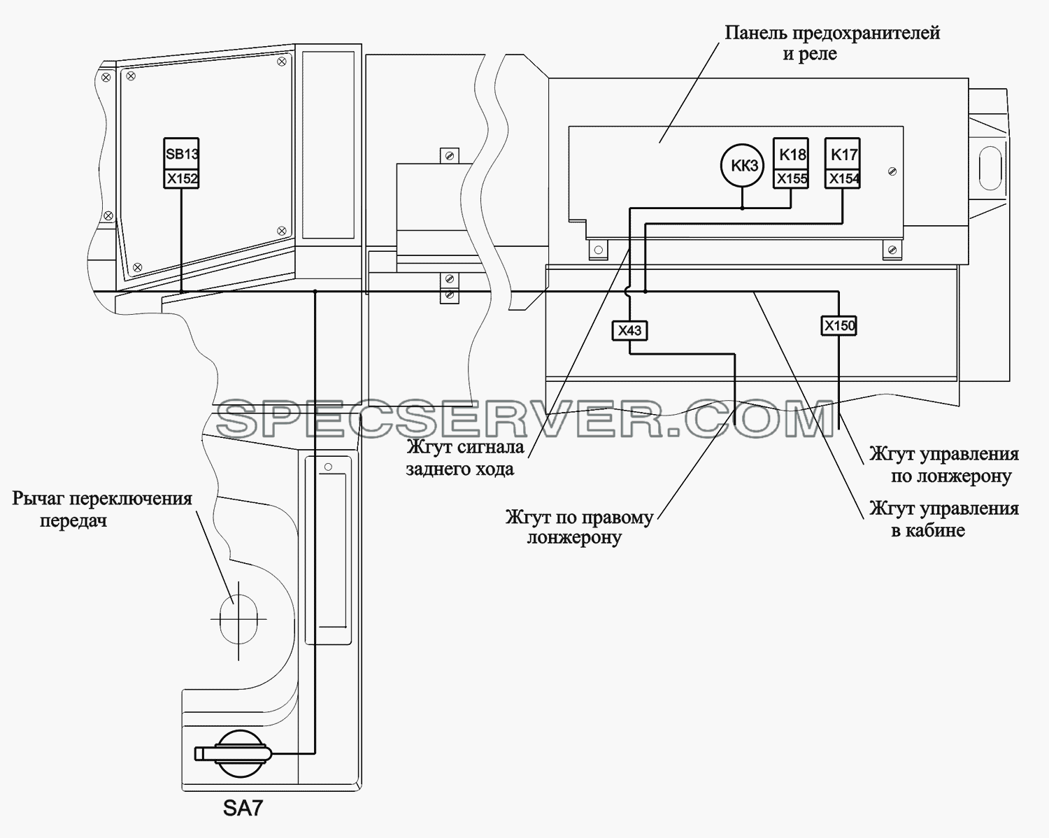 Расположение разъемов и элементов электрооборудовния управления подъемов и опусканием платформы для МАЗ-551669 (список запасных частей)