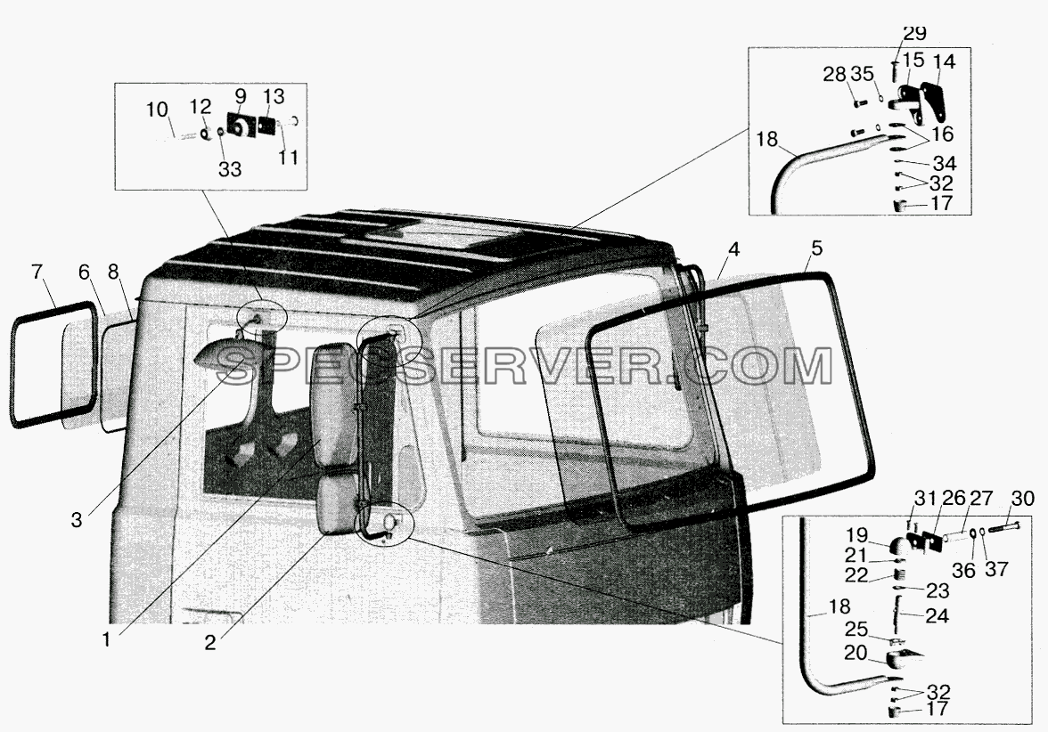 Установка стекол и зеркал на малую кабину для МАЗ-5516 (2003) (список запасных частей)