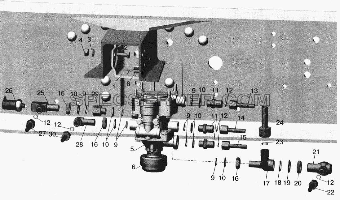 Установка клапана прицепа и присоединительной арматуры МАЗ-543203, 543202 для МАЗ-5516 (2003) (список запасных частей)