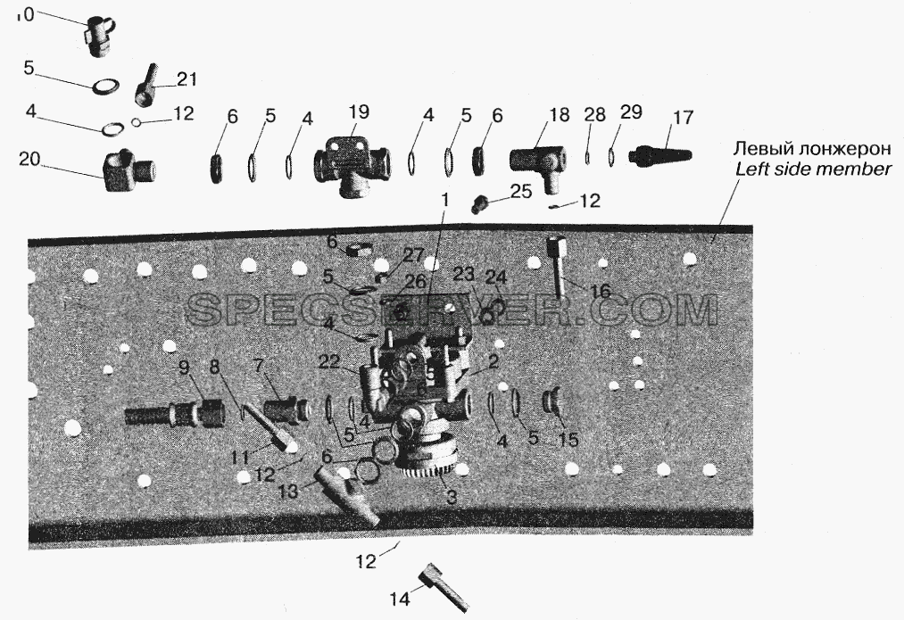 Установка ускорительного клапана и присоединительной арматуры МАЗ-555102 для МАЗ-5516 (2003) (список запасных частей)