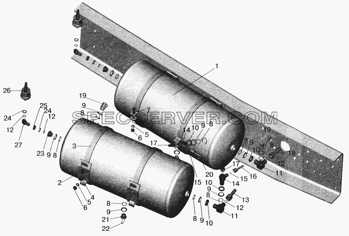 Установка ресиверов и присоединительной арматуры МАЗ-555102 для МАЗ-5516 (2003) (список запасных частей)