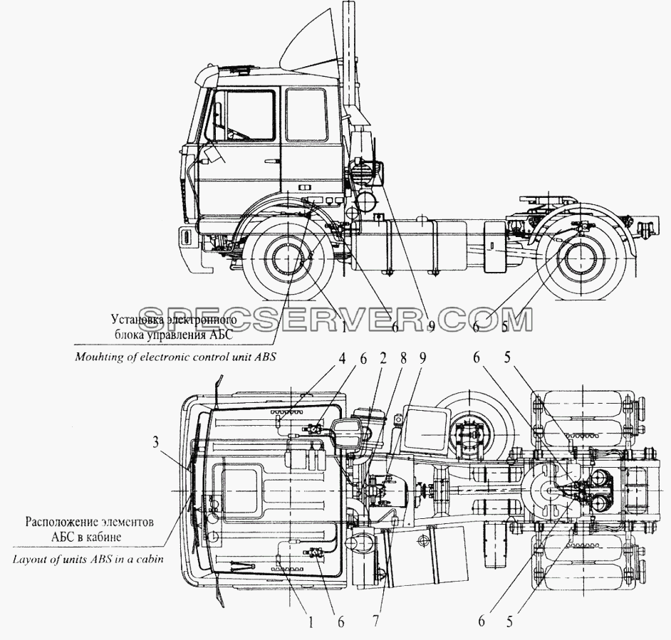 Установка элементов электрооборудования АБС на автомобилях МАЗ-543208, 543205, 543203, 543202 для МАЗ-5516 (2003) (список запасных частей)