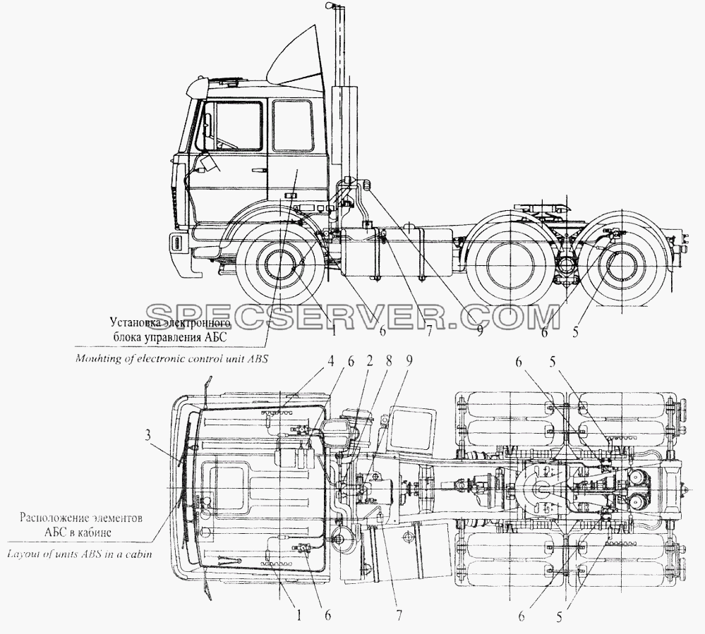 Установка элементов электрооборудования АБС на автомобилях МАЗ-642208, 642205 для МАЗ-5516 (2003) (список запасных частей)