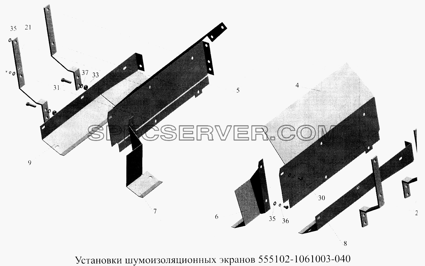 Установка шумоизоляционных экранов 555102-1061003-040 для МАЗ-5516А5 (список запасных частей)
