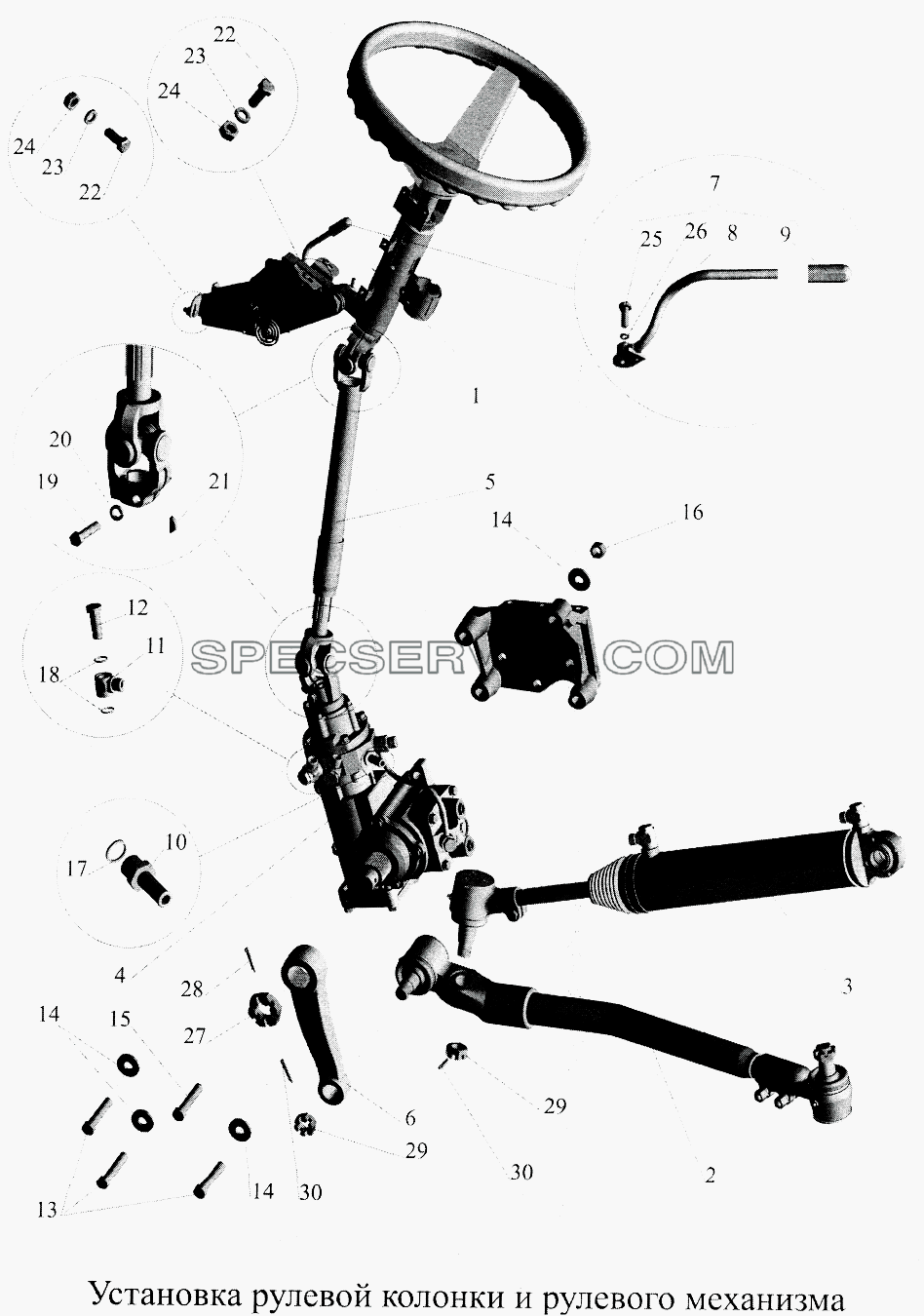 Установка рулевой колонки и рулевого механизма для МАЗ-5516А5 (список запасных частей)