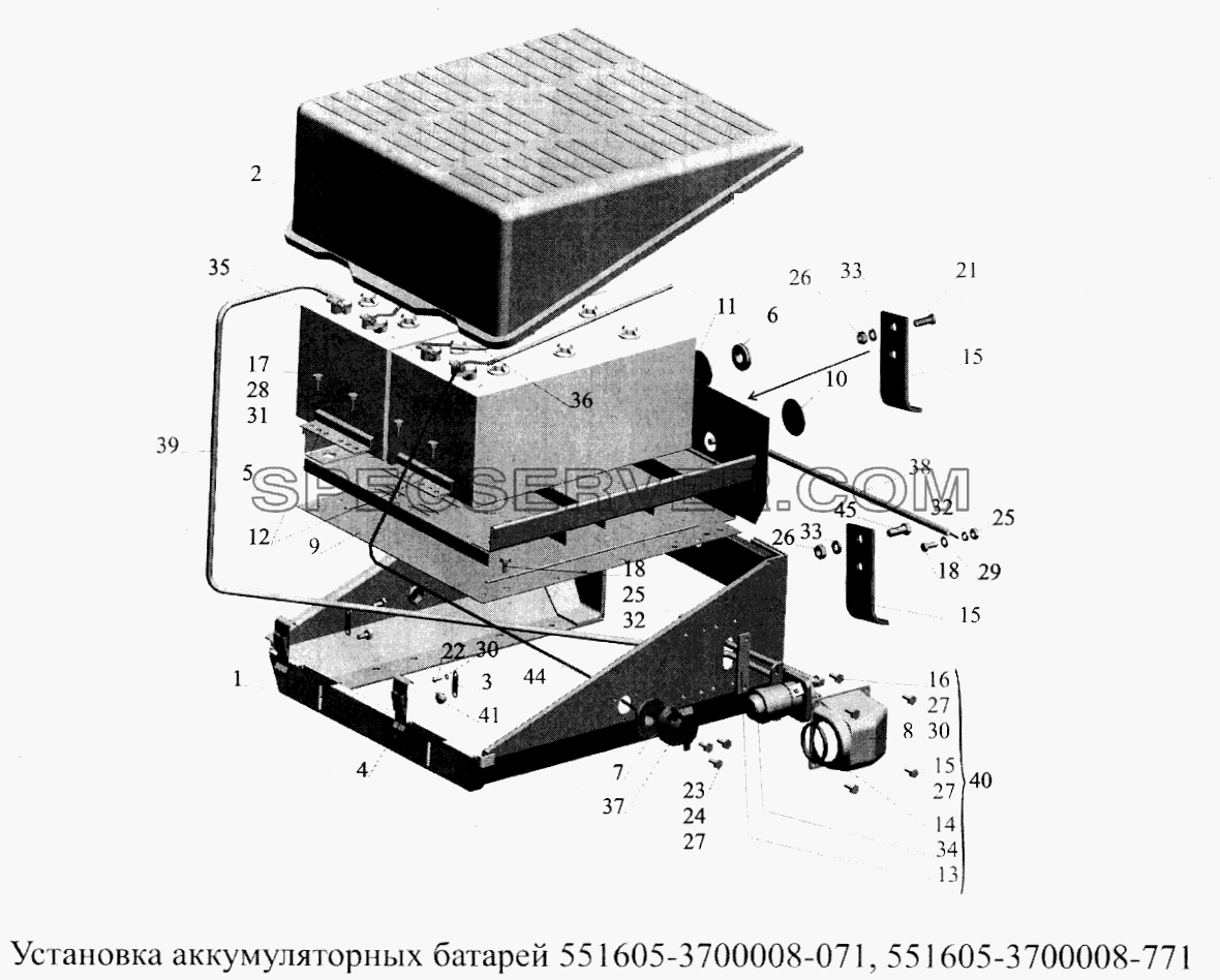 Установка аккумуляторных батарей 551605-3700008-071, 551605-3700008-771 для МАЗ-5516А5 (список запасных частей)