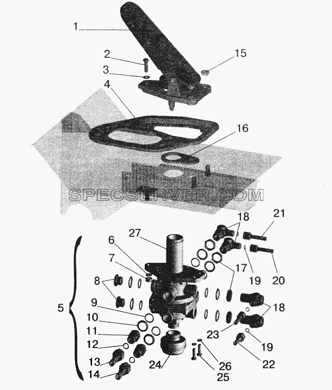 Тормозной кран с присоединительной арматурой МАЗ-642208, 642205 для МАЗ-5551 (2003) (список запасных частей)