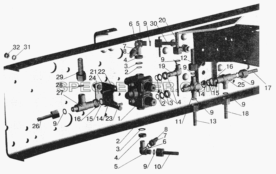 Крепление четырехконтурного клапана (автомобили с пневмоподвеской) МАЗ-543208, 543205 для МАЗ-5551 (2003) (список запасных частей)