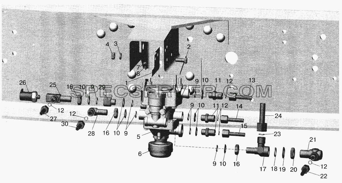 Установка клапана прицепа и присоединительной арматуры МАЗ-642208, 642205, 543208, 543205 для МАЗ-5551 (2003) (список запасных частей)