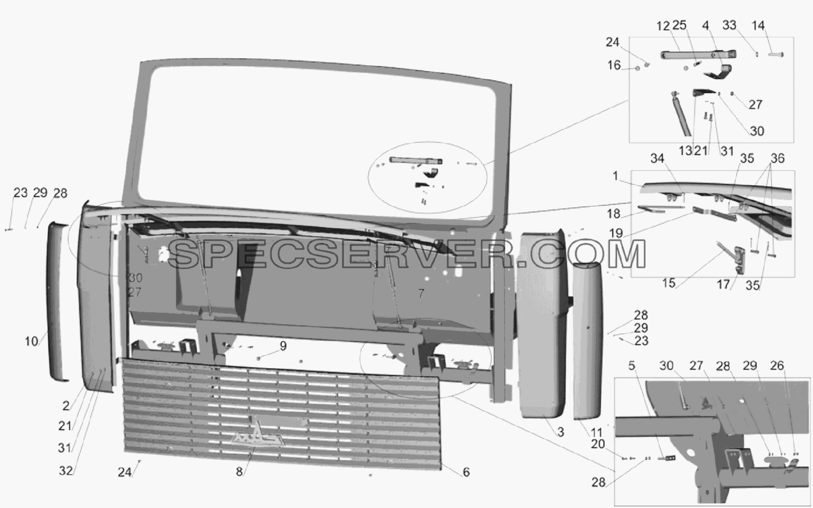 Установка облицовки и боковых щитков для МАЗ-6303A3, 6303A5 (список запасных частей)