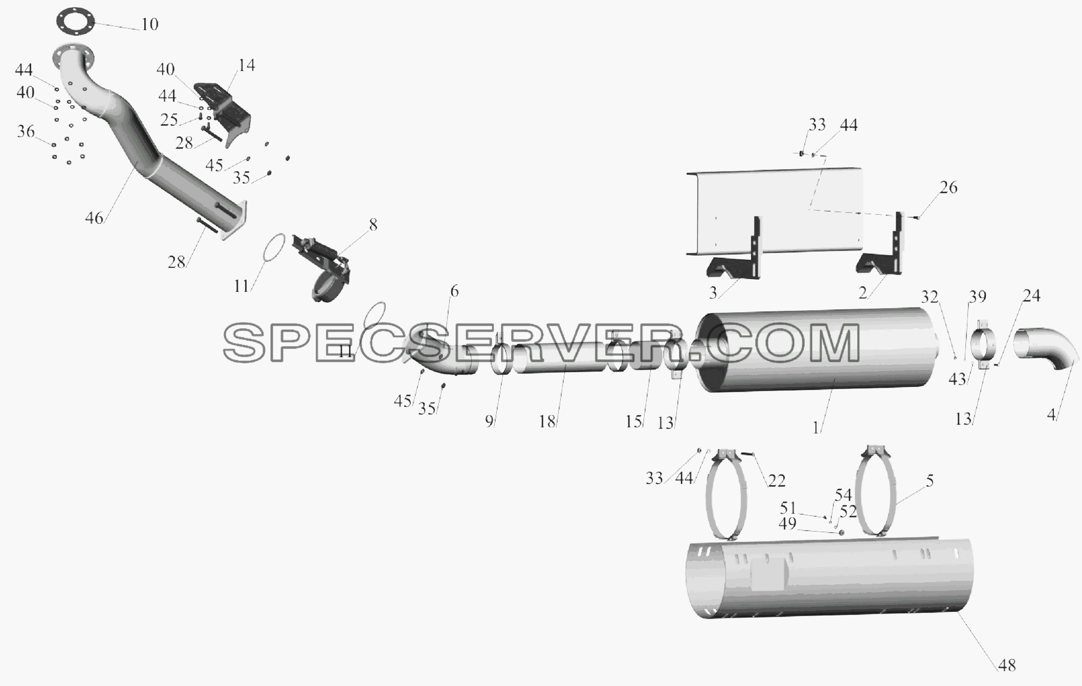 Установка системы выпуска отработавших газов 5516A5-1200001 без обогрева кузова (для КП 238М, 239) для МАЗ-6303A3, 6303A5 (список запасных частей)