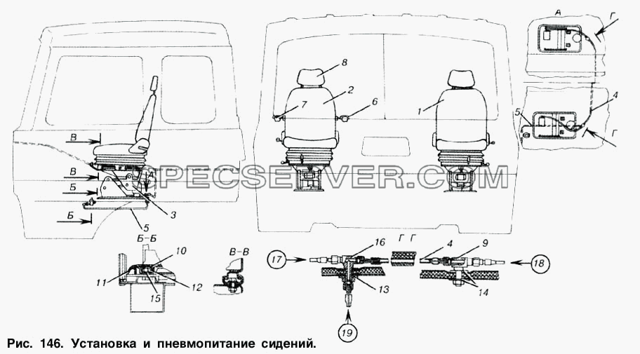 Установка и пневмопитание сидений для МАЗ-6303 (список запасных частей)