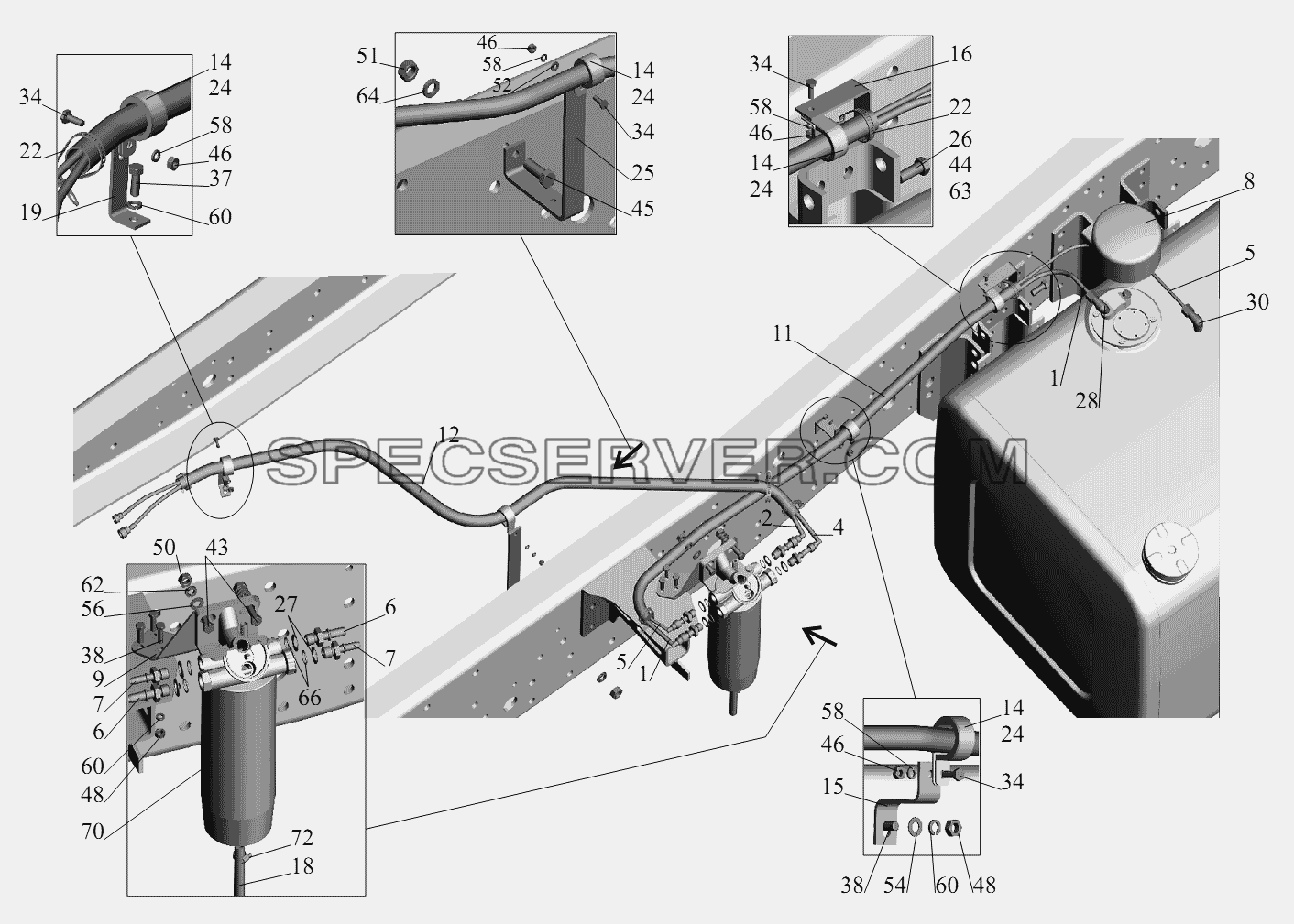 Установка топливопроводов 555035-1104002-010(без подогревателя) для МАЗ-631236 (список запасных частей)