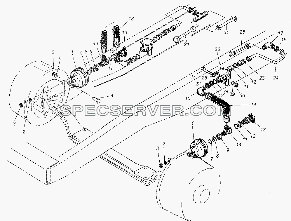 Крепление передних тормозных камер и трубопроводы для МАЗ-64226 (список запасных частей)