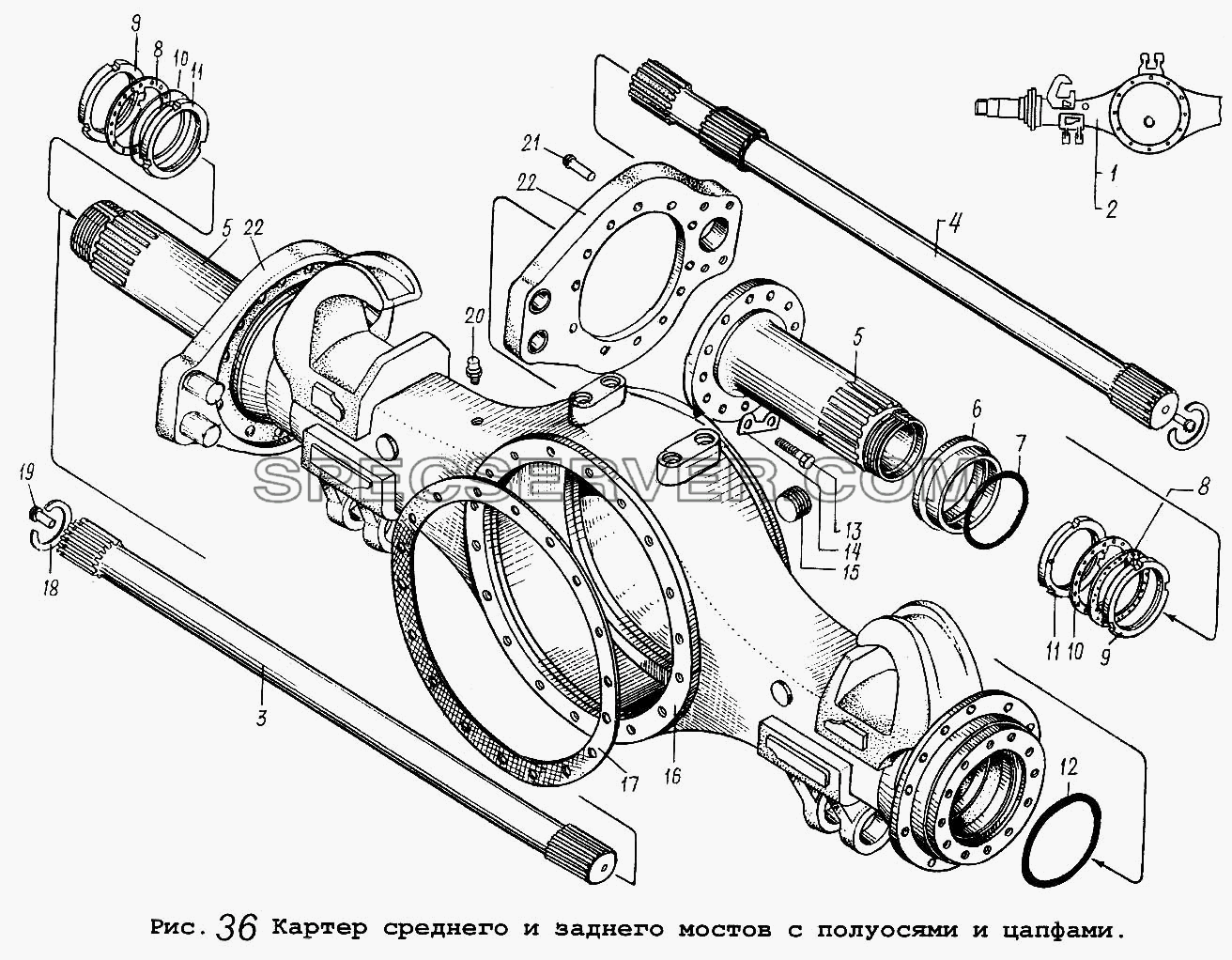 Картер среднего и заднего мостов с полуосями и цапфами для МАЗ-64229 (список запасных частей)