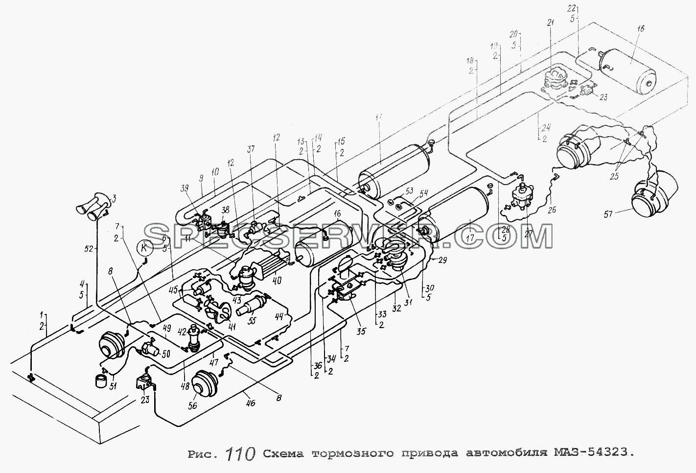 Схема тормозного привода автомобиля МАЗ-54323 для МАЗ-64229 (список запасных частей)