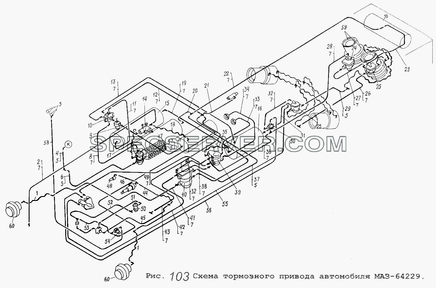 Схема тормозного привода автомобиля МАЗ-64229 для МАЗ-64229 (список запасных частей)