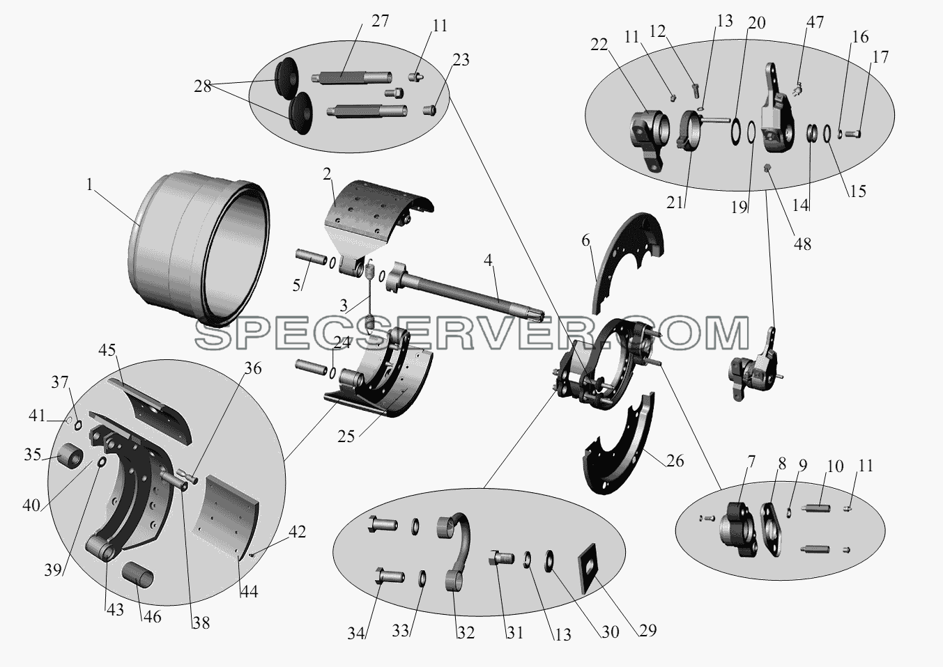 Тормозной механизм колес заднего и среднего мостов (для барабана диаметром 410 мм, с шириной накладок 220 мм) для МАЗ-6422, 5432 (список запасных частей)