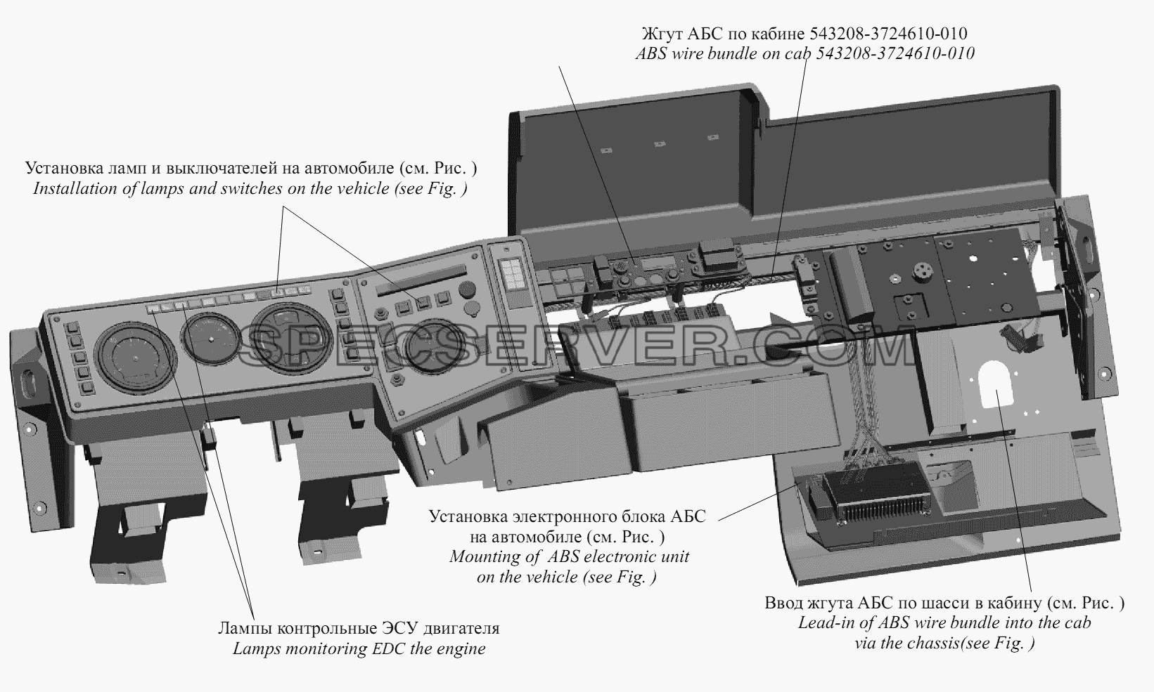 Расположение элементов системы АБС в кабине автомобиля 543208-3700120-020 для МАЗ-6422, 5432 (список запасных частей)