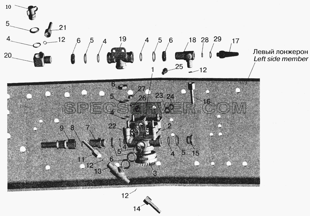Установка ускорительного клапана и присоединительной арматуры МАЗ-555102 для МАЗ-6422 (список запасных частей)