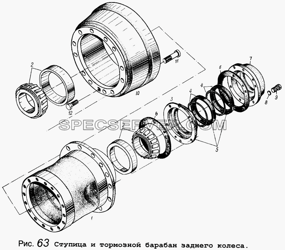 Ступица и тормозной барабан заднего колеса для МАЗ-64255 (список запасных частей)