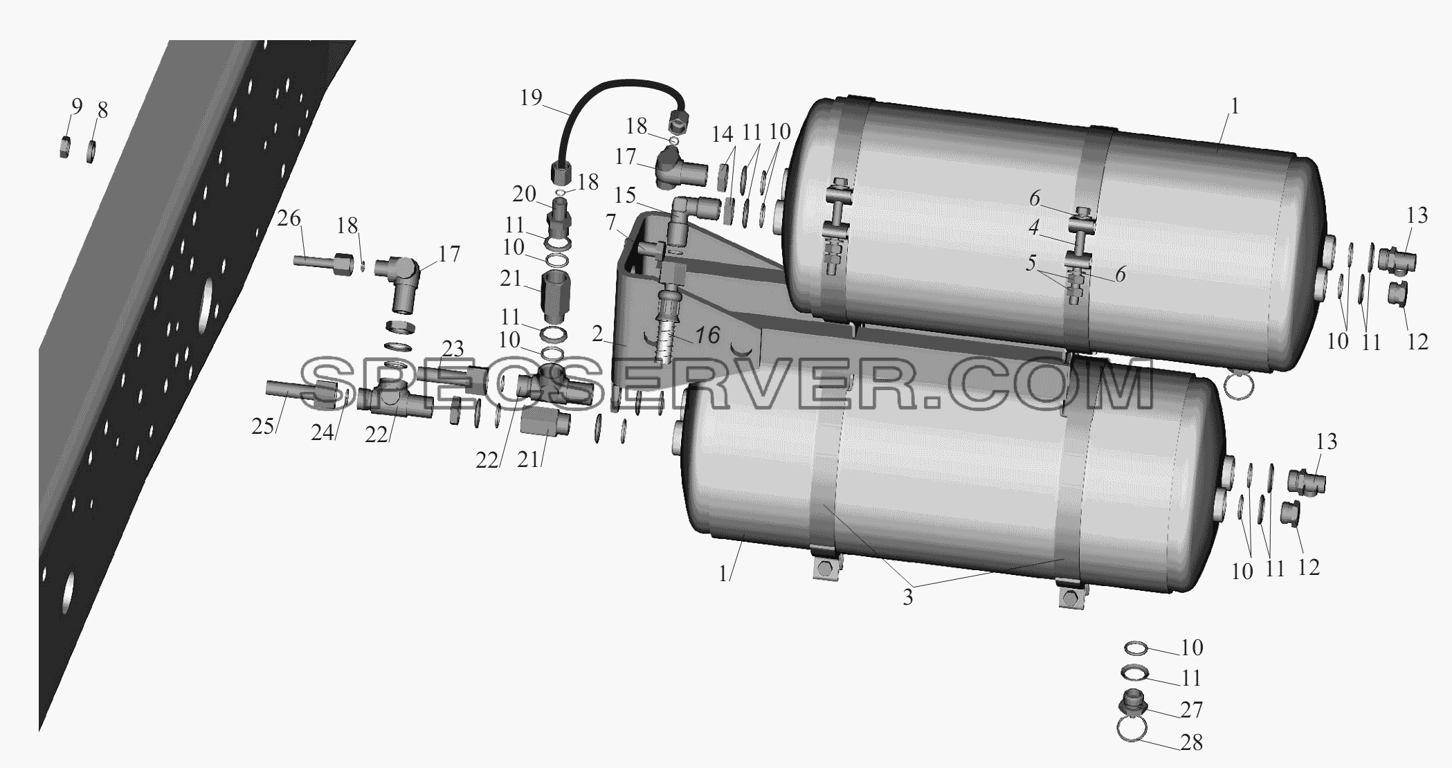 Установка ресиверов 544020-3513005 для МАЗ-6430A8 (5440A8, 5440A5) (список запасных частей)