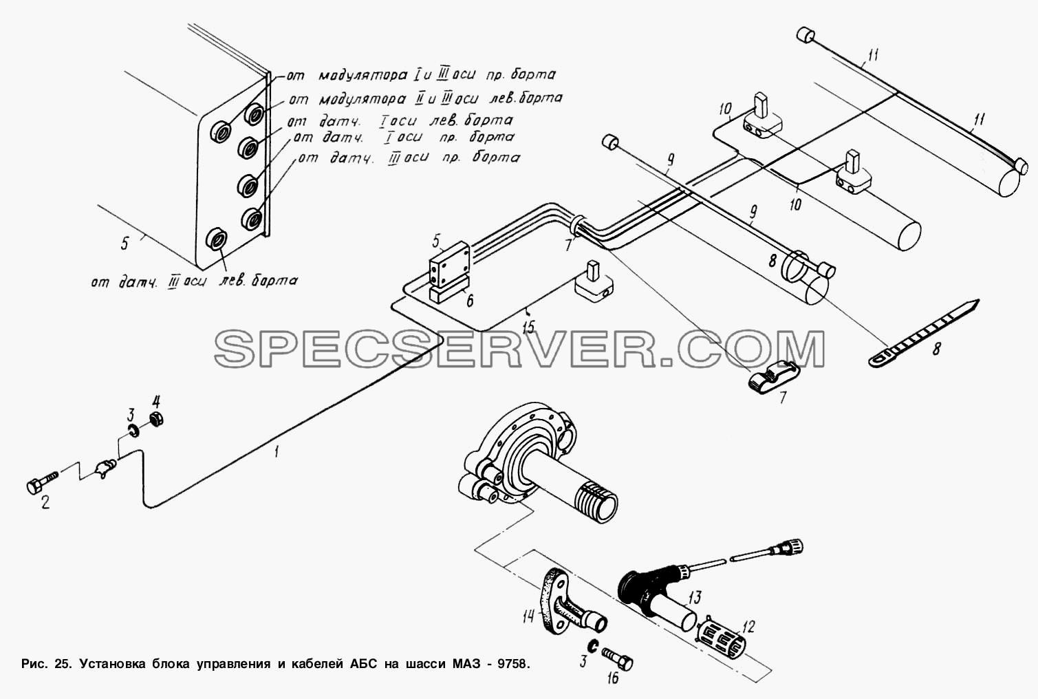 Установка блока управления и кабелей АБС на шасси МАЗ-9758 для МАЗ-9758-30 (список запасных частей)