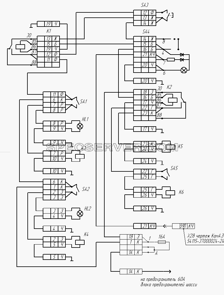 66065-3729011Э3 Схема электрическая принципиальная (с насосом) для НефАЗа-66063 (64, 65) (список запасных частей)