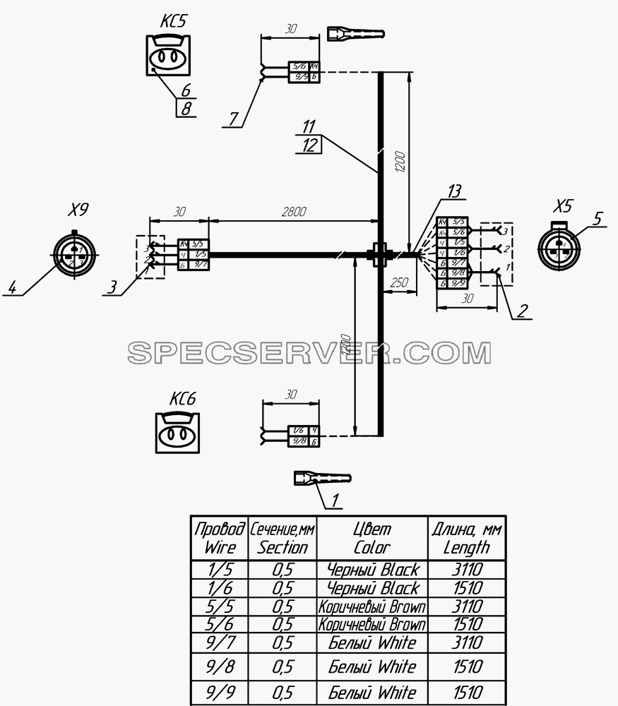 93341-3724099-08 Жгут боковых  габаритных фонарей для НефАЗа-93341-07 (08) (список запасных частей)