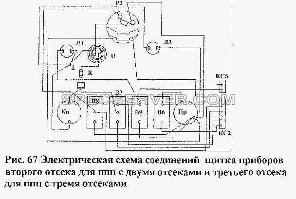 Электрическая схема соединений щитка приборов второго отсека для ППЦ с двумя отсеками и третьего отсека для ППЦ с тремя отсеками для НефАЗа-96741 (список запасных частей)