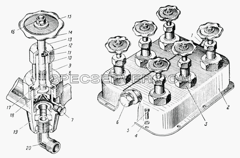 Блок шинных кранов (Рис. 128) для Урал-375 (список запасных частей)