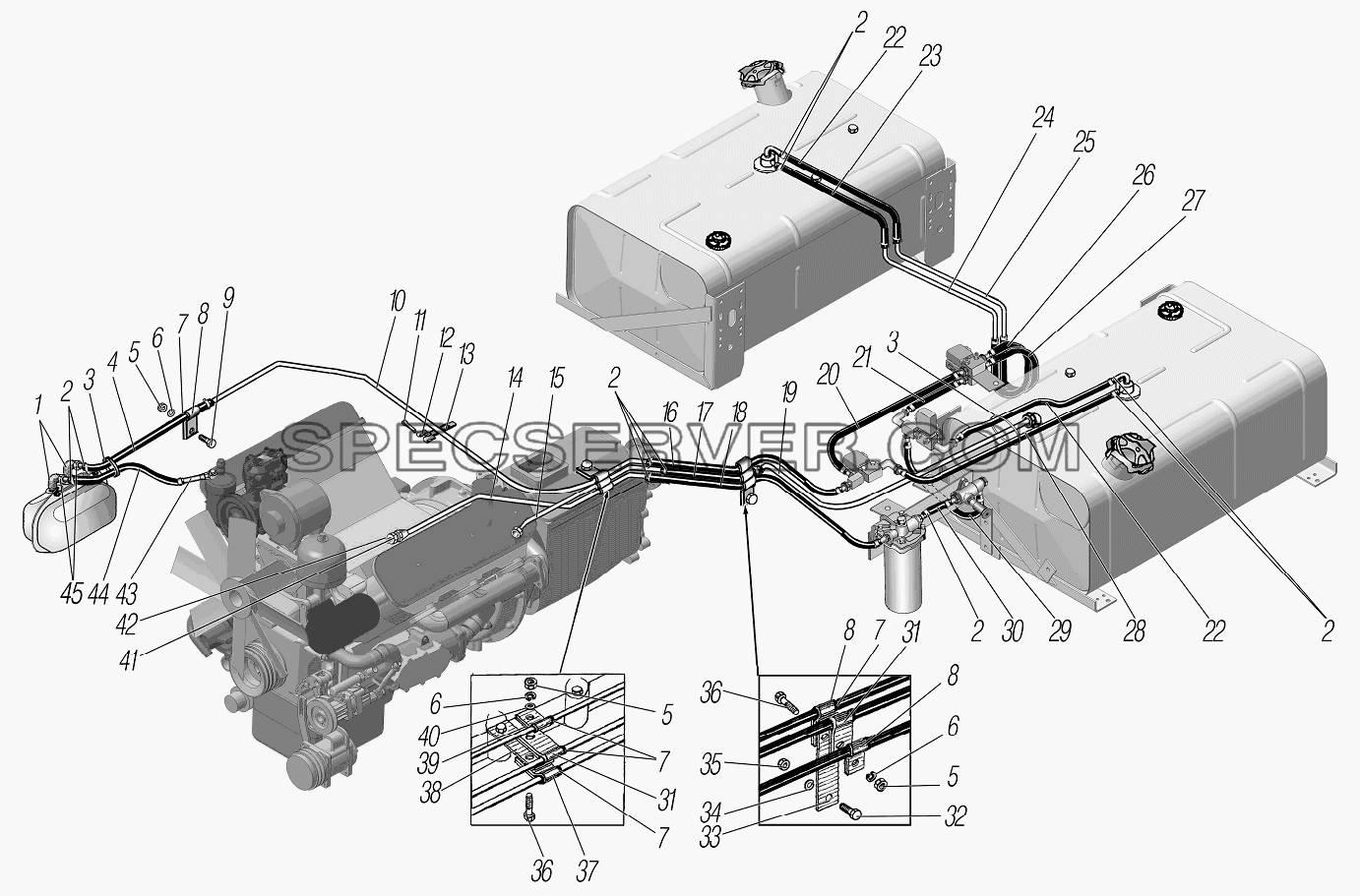 Трубопроводы и шланги системы питания с дополнительным баком для Урал-4320-1951-58 (список запасных частей)