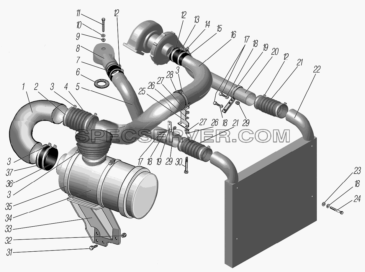 Воздуховод с воздушным фильтром для Урал-4320-1951-58 (список запасных частей)