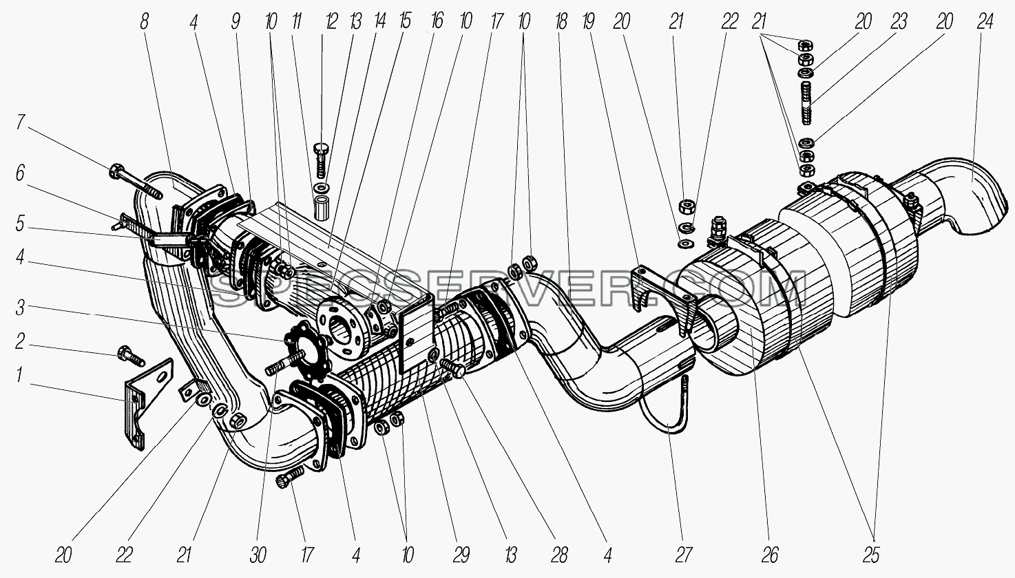 Cистема выпуска газов для Урал-4320-1951-58 (список запасных частей)