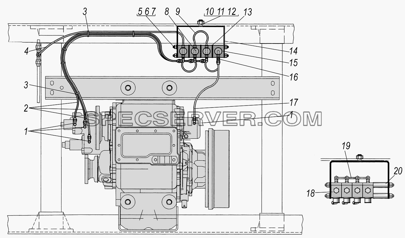 Установка пневмоуправления раздаточной коробки для Урал-4320-1951-58 (список запасных частей)