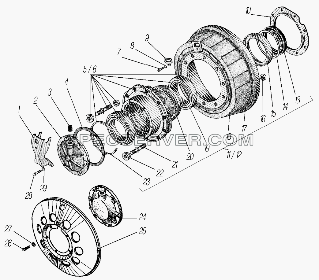 Ступица колеса и тормозной барабан для Урал-4320-1951-58 (список запасных частей)