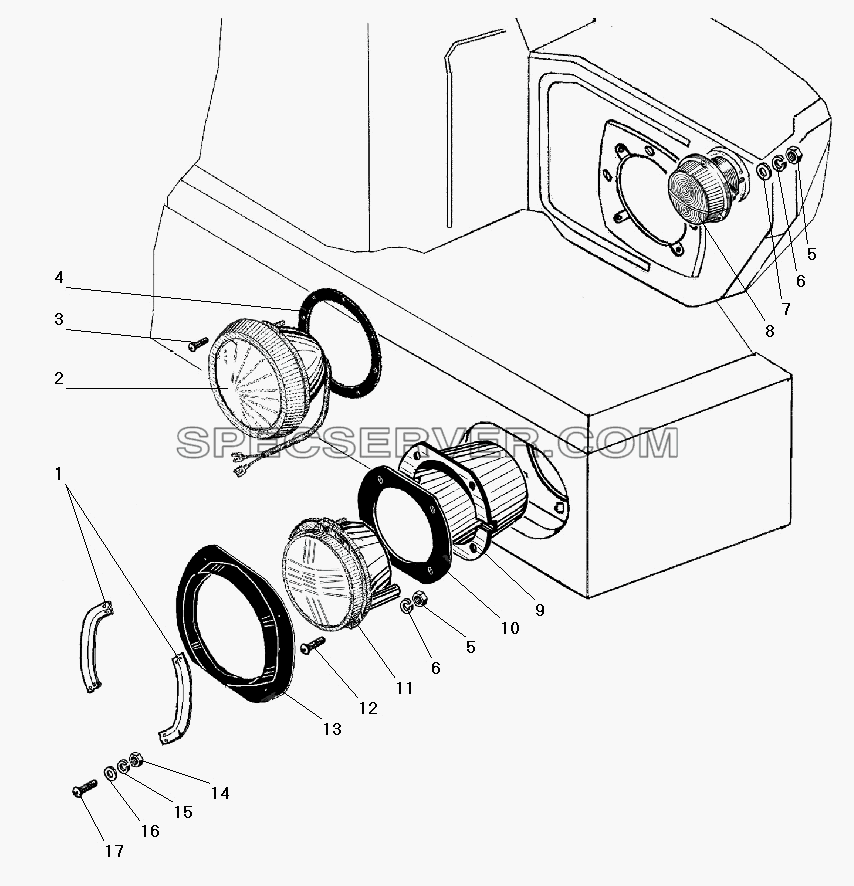 Фара и фонарь передний для Урал-4320-41 (список запасных частей)