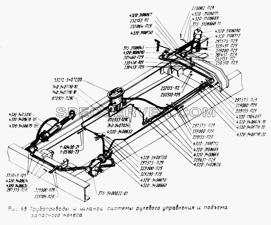 Трубопроводы и шланги системы рулевого управления и подъема запасного колеса для Урал-43202 (список запасных частей)