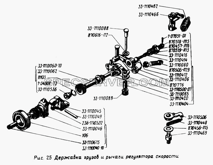 Державка грузов и рычаги регулятора скорости для Урал-4320 (список запасных частей)