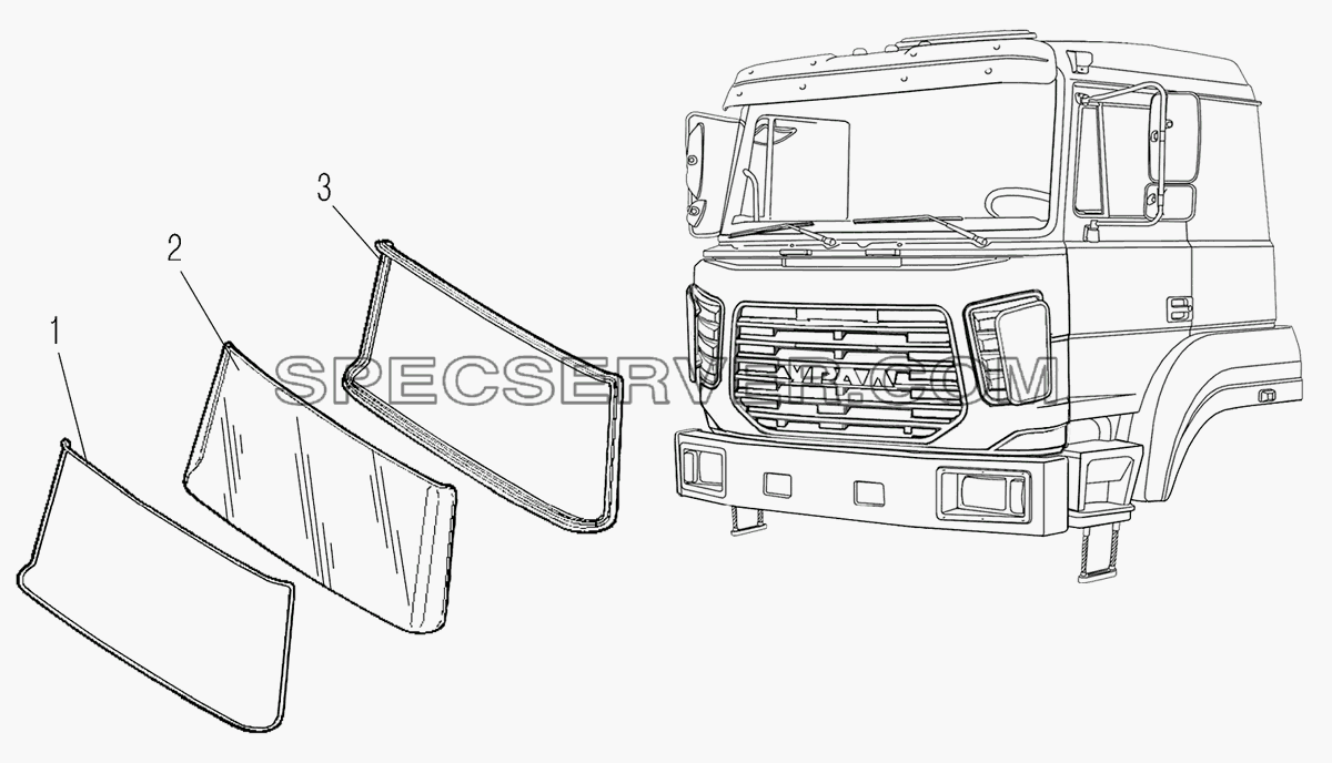 Стекла кабины для Урал-44202-3511-80М (список запасных частей)