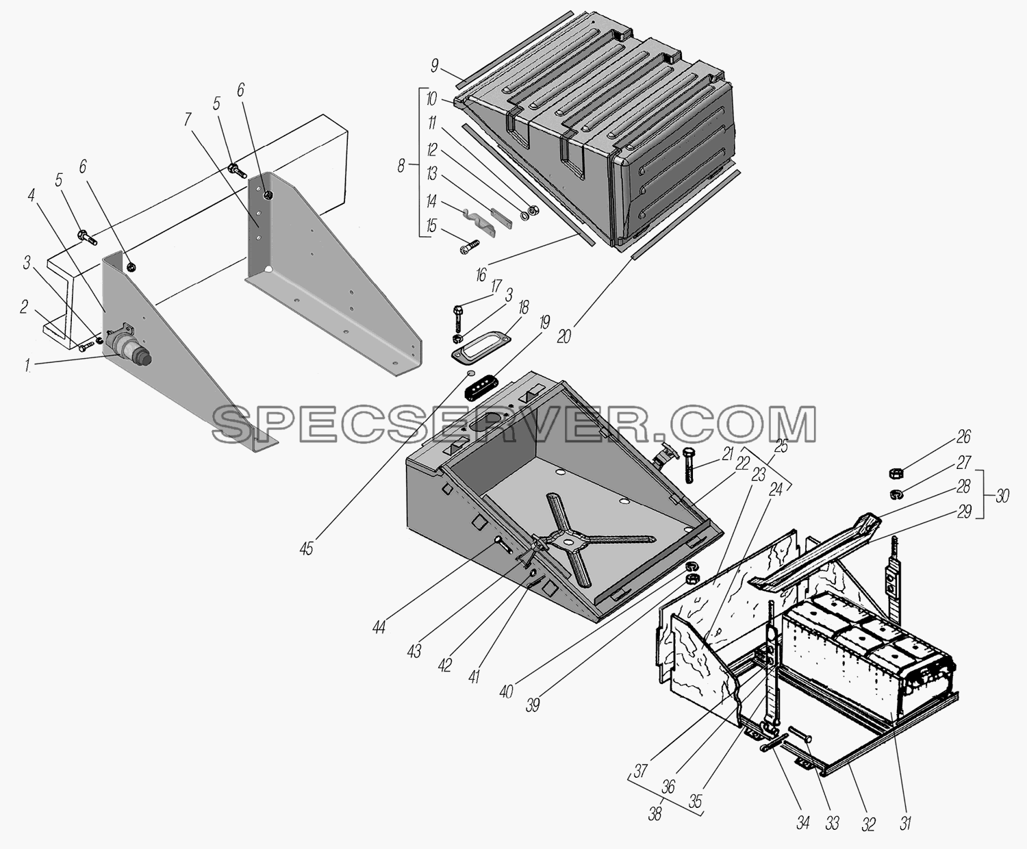 Установка контейнера аккумуляторных батарей для Урал-44202-3511-80М (список запасных частей)