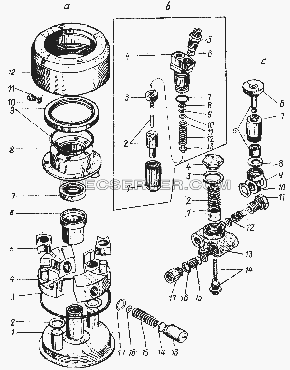 Муфта опережения впрыска (а), форсунка (б), насос ручной подкачки топлива для Урал-4420 (список запасных частей)