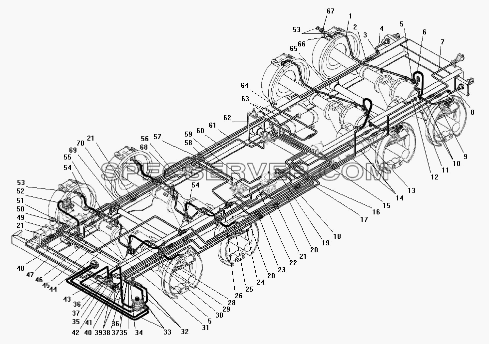 Трубопроводы и шланги гидропневматического привода рабочих тормозов для Урал-532301 (список запасных частей)