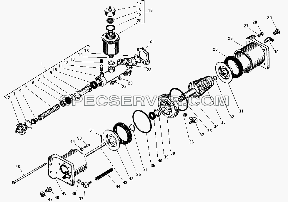 Пневматический усилитель с главным тормозным цилиндром для Урал-532301 (список запасных частей)
