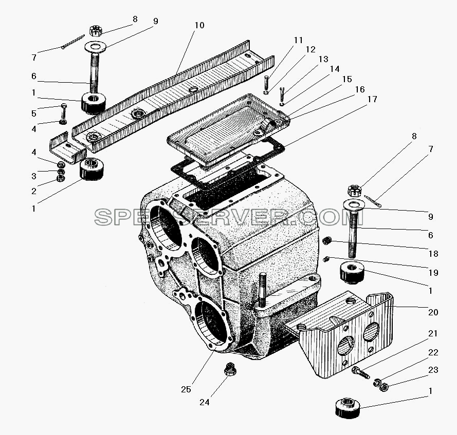 Картер и подвеска раздаточной коробки для Урал-5557-40 (список запасных частей)