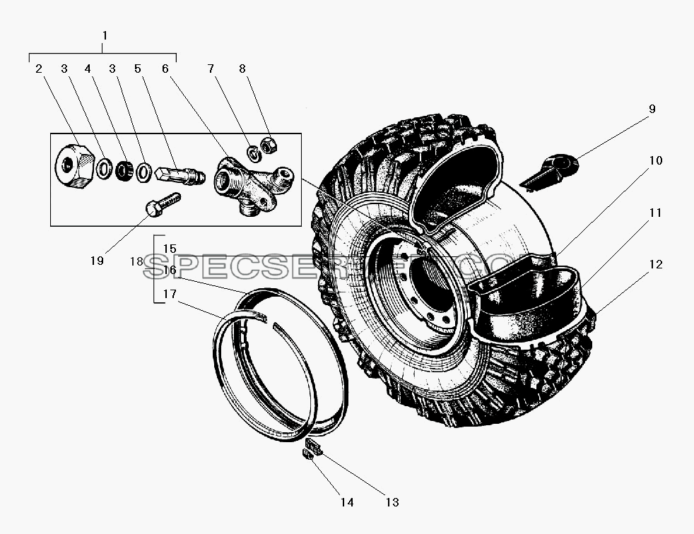 Колесо и шина для Урал-5557-40 (список запасных частей)