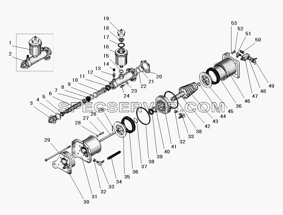 Пневматический усилитель с главным тормозным цилиндром для Урал-5557-40 (список запасных частей)